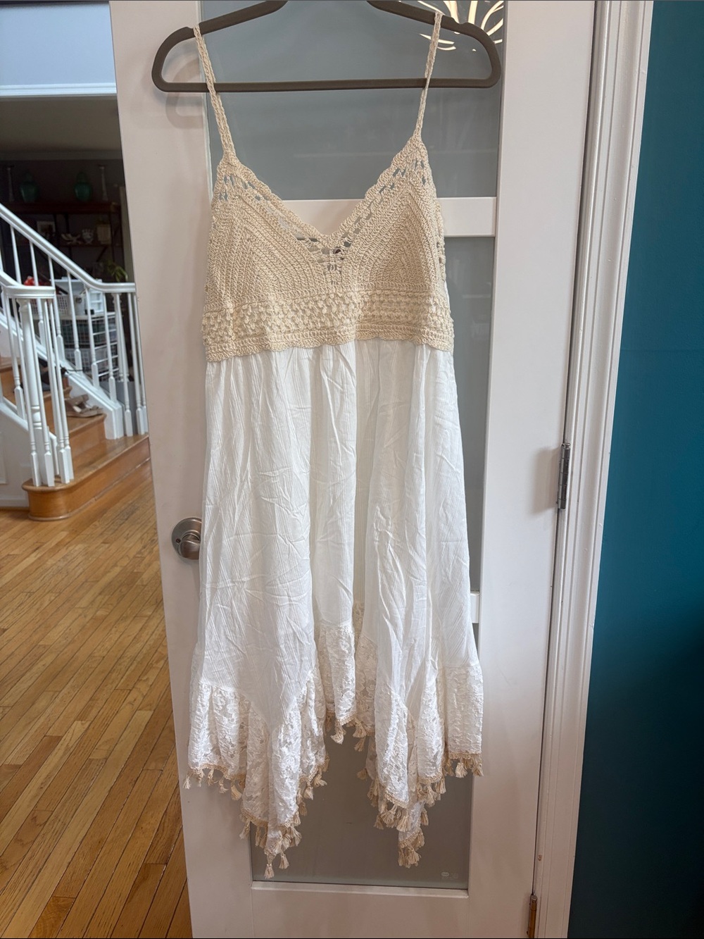 Boho Asymmetrical Crochet-Top Dress in Cream NWT